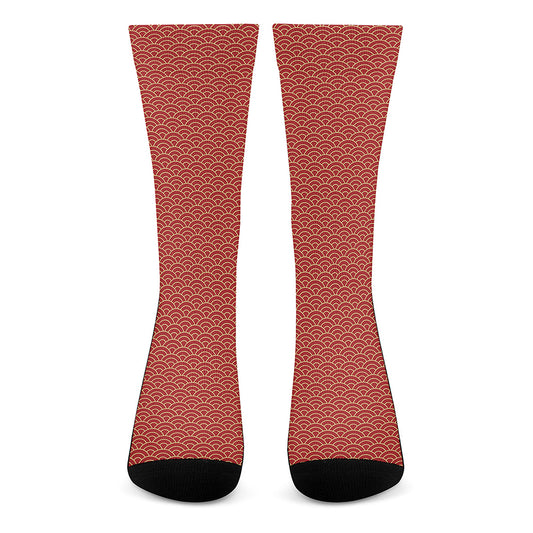 Red Japanese Wave Pattern Print Crew Socks