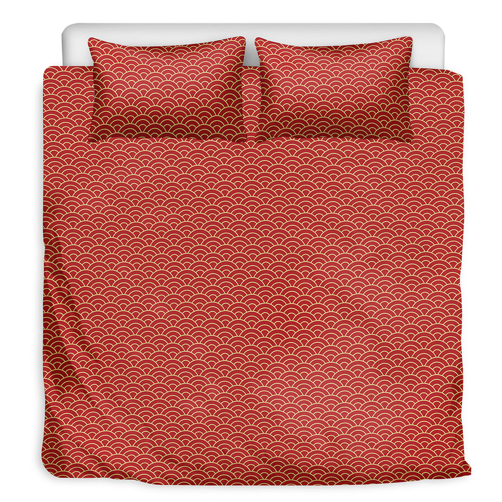 Red Japanese Wave Pattern Print Duvet Cover Bedding Set