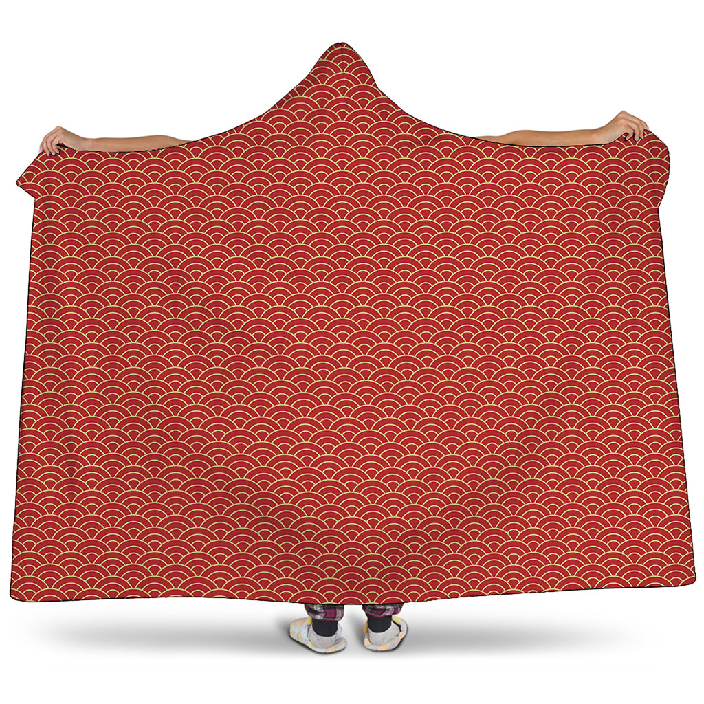Red Japanese Wave Pattern Print Hooded Blanket