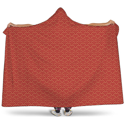 Red Japanese Wave Pattern Print Hooded Blanket