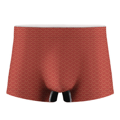 Red Japanese Wave Pattern Print Men's Boxer Briefs