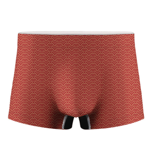 Red Japanese Wave Pattern Print Men's Boxer Briefs