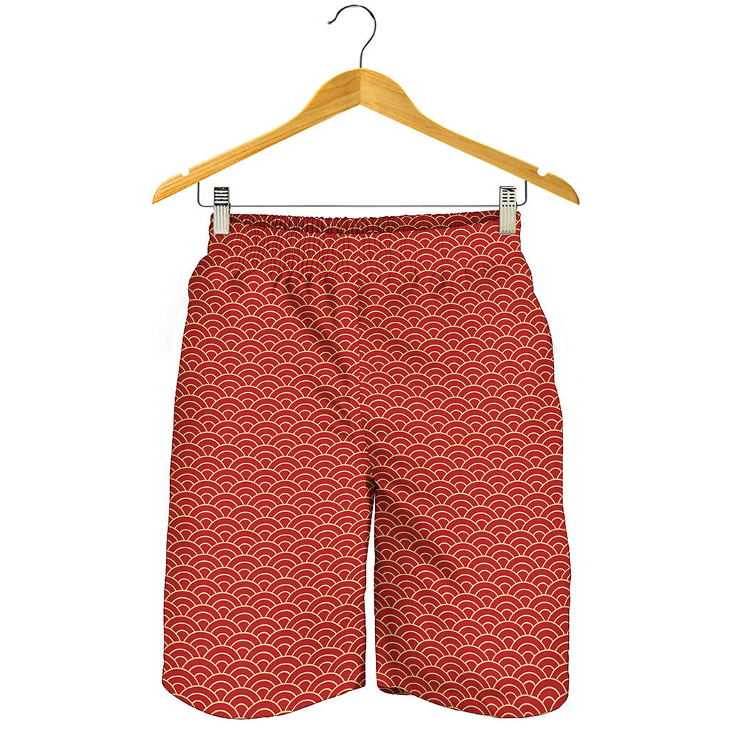 Red Japanese Wave Pattern Print Men's Shorts