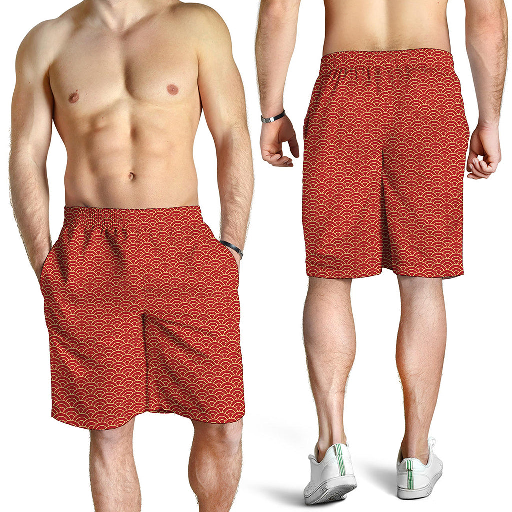 Red Japanese Wave Pattern Print Men's Shorts