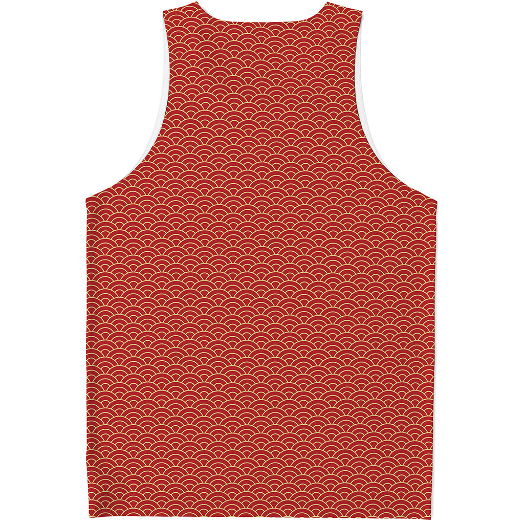 Red Japanese Wave Pattern Print Men's Tank Top