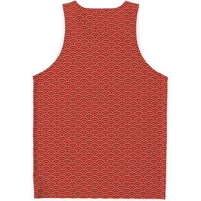 Red Japanese Wave Pattern Print Men's Tank Top