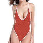 Red Japanese Wave Pattern Print One Piece High Cut Swimsuit