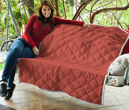 Red Japanese Wave Pattern Print Quilt