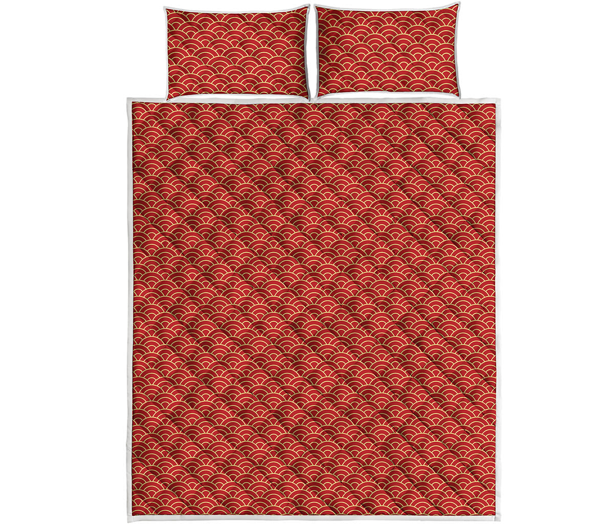Red Japanese Wave Pattern Print Quilt Bed Set
