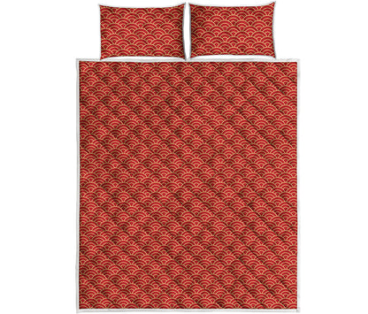 Red Japanese Wave Pattern Print Quilt Bed Set