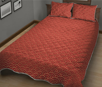 Red Japanese Wave Pattern Print Quilt Bed Set