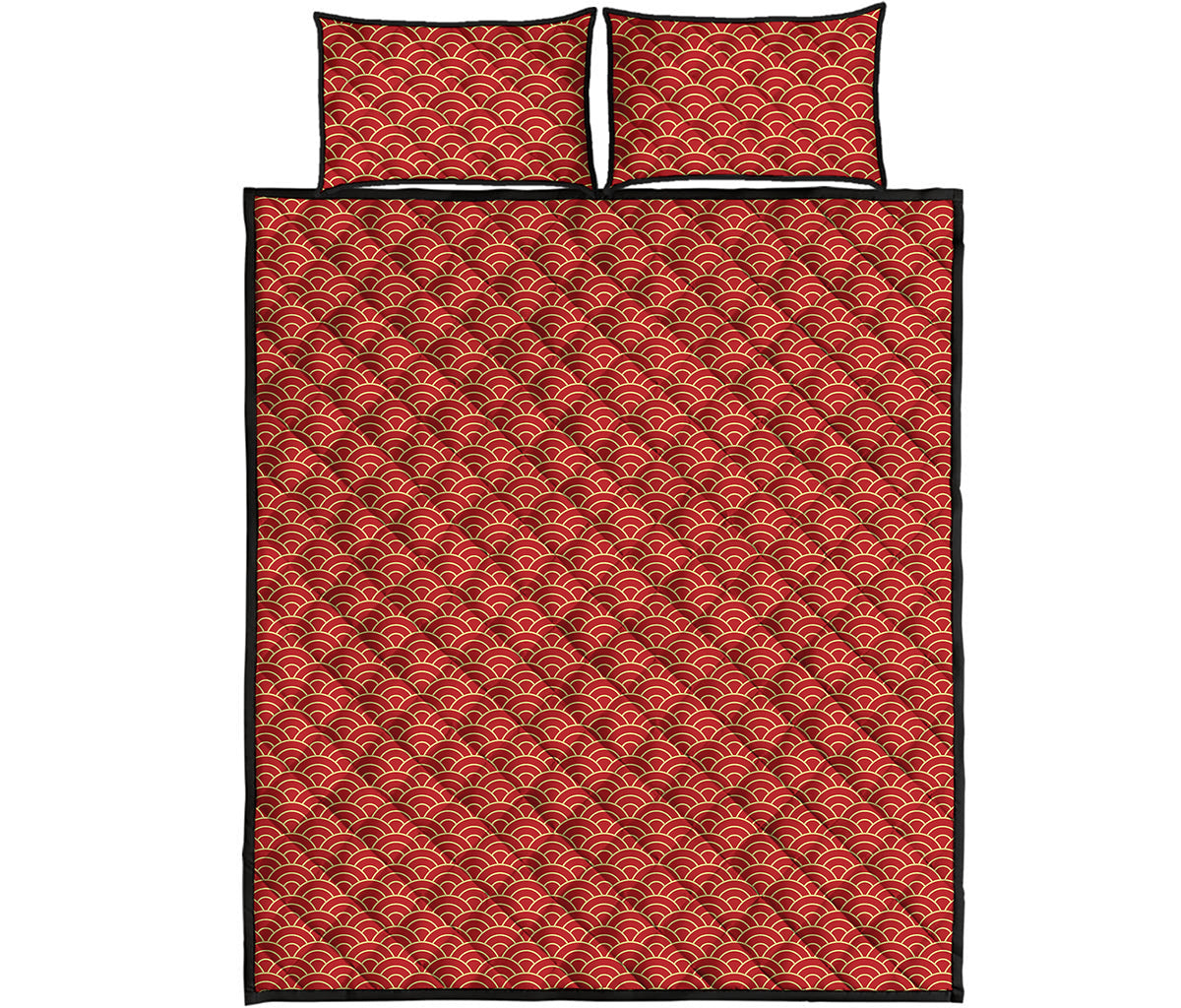 Red Japanese Wave Pattern Print Quilt Bed Set