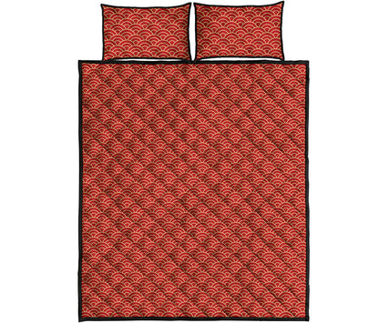 Red Japanese Wave Pattern Print Quilt Bed Set
