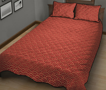Red Japanese Wave Pattern Print Quilt Bed Set