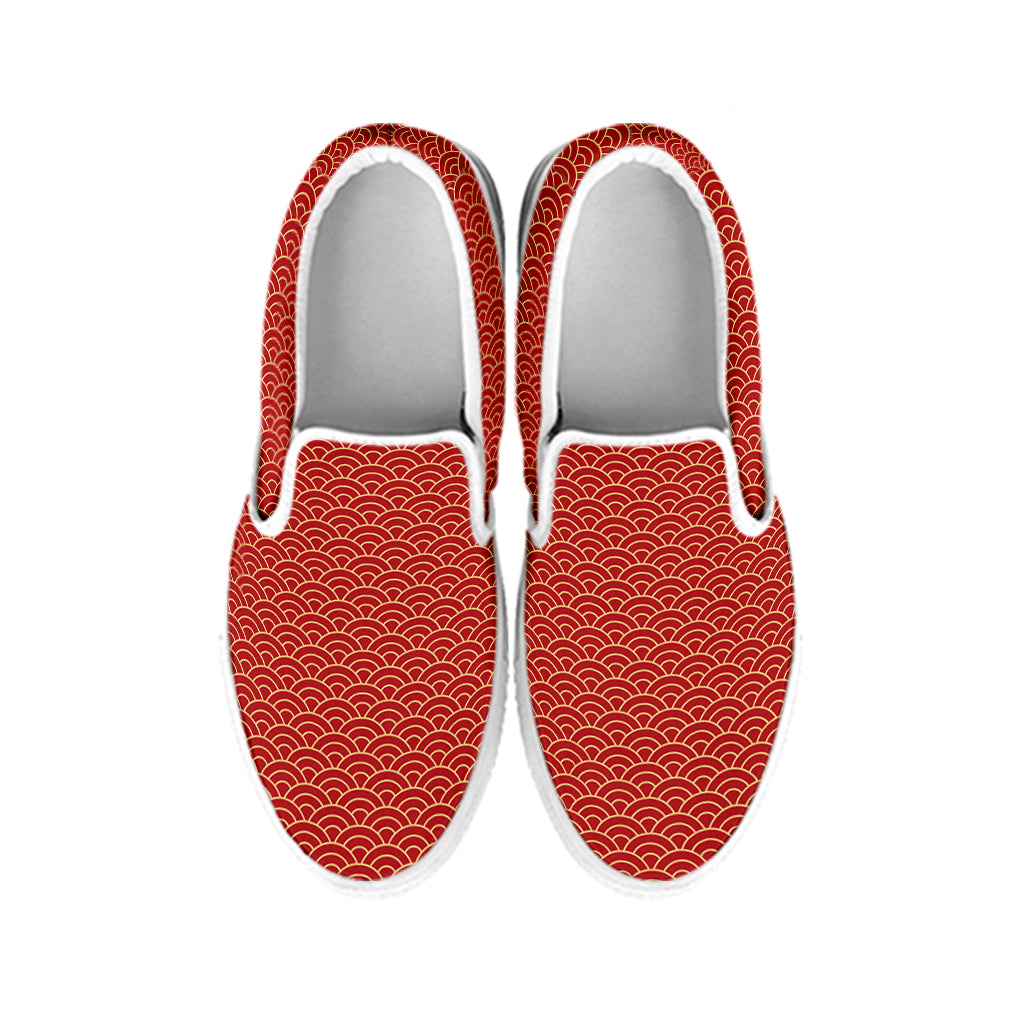 Red Japanese Wave Pattern Print White Slip On Shoes