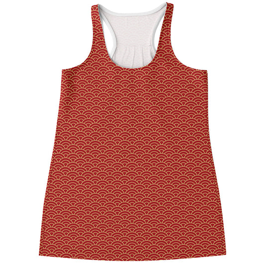 Red Japanese Wave Pattern Print Women's Racerback Tank Top