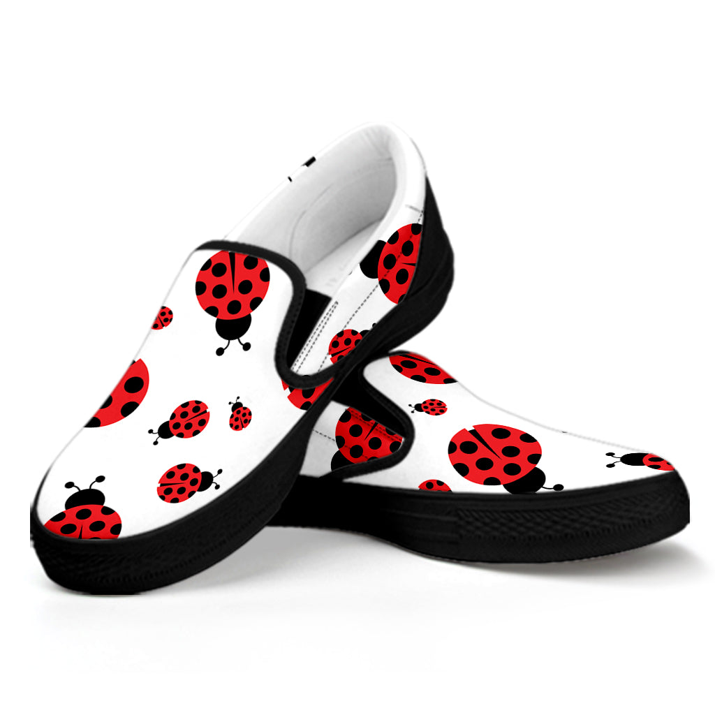 Red Ladybug Pattern Print Black Slip On Shoes