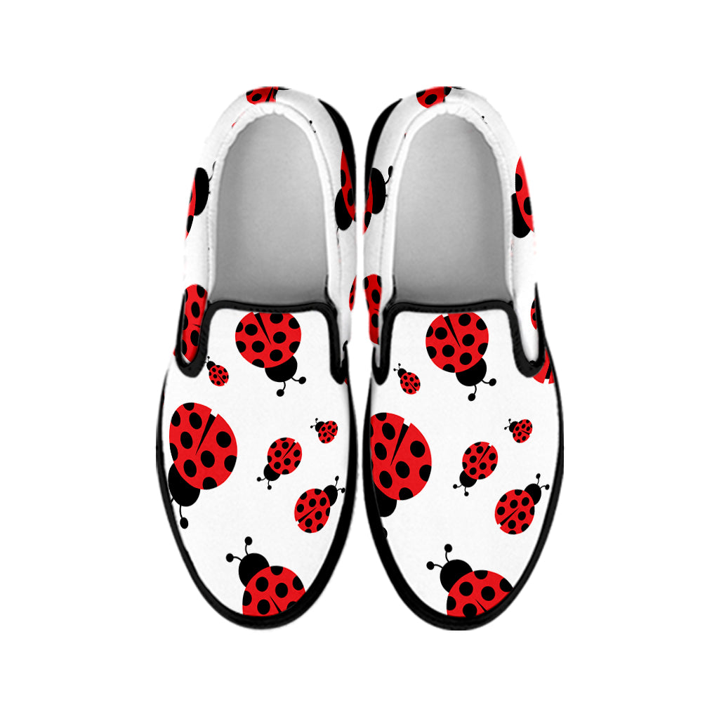 Red Ladybug Pattern Print Black Slip On Shoes