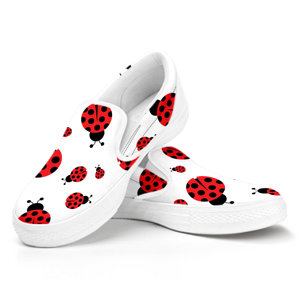 Red Ladybug Pattern Print White Slip On Shoes