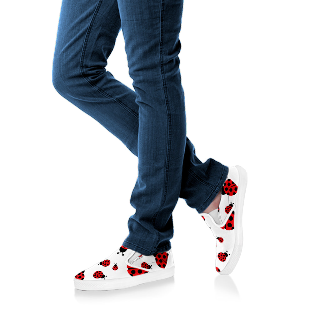 Red Ladybug Pattern Print White Slip On Shoes