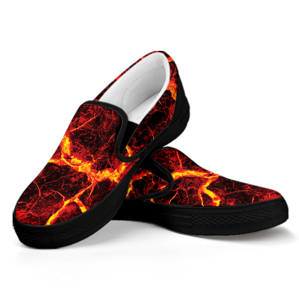 Red Lava Print Black Slip On Shoes