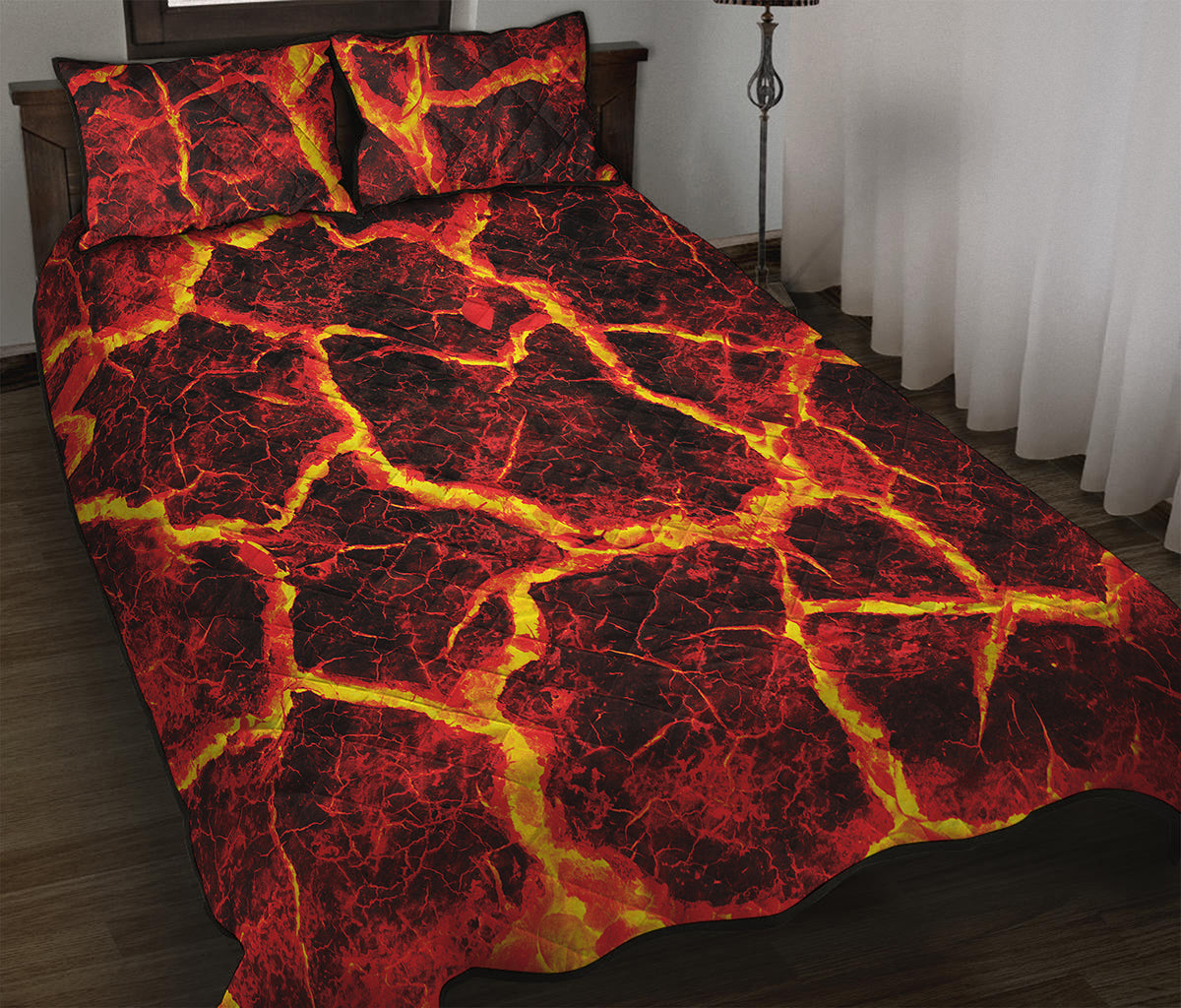 Red Lava Print Quilt Bed Set