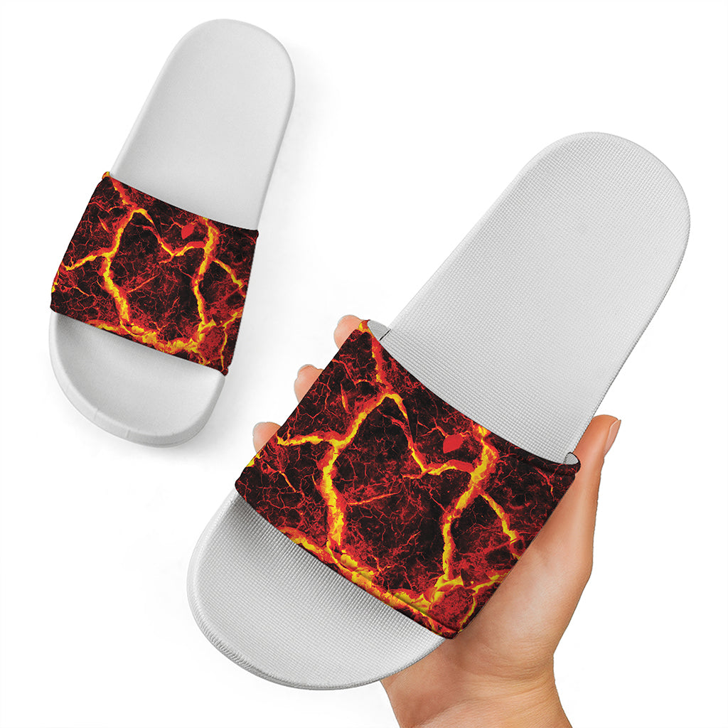 Red Lava Print White Slide Sandals