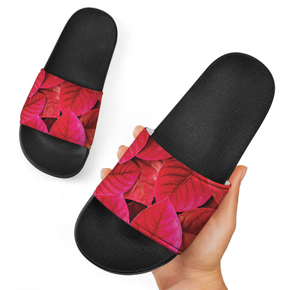 Red Leaf Print Black Slide Sandals