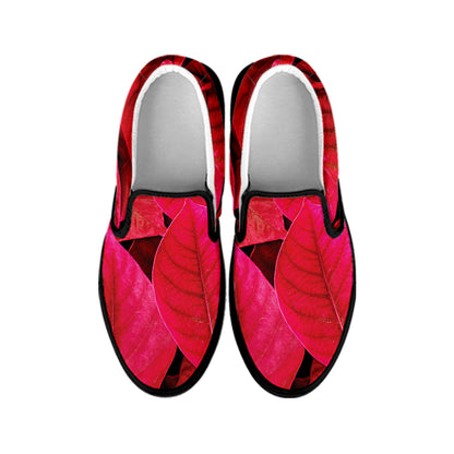 Red Leaf Print Black Slip On Shoes