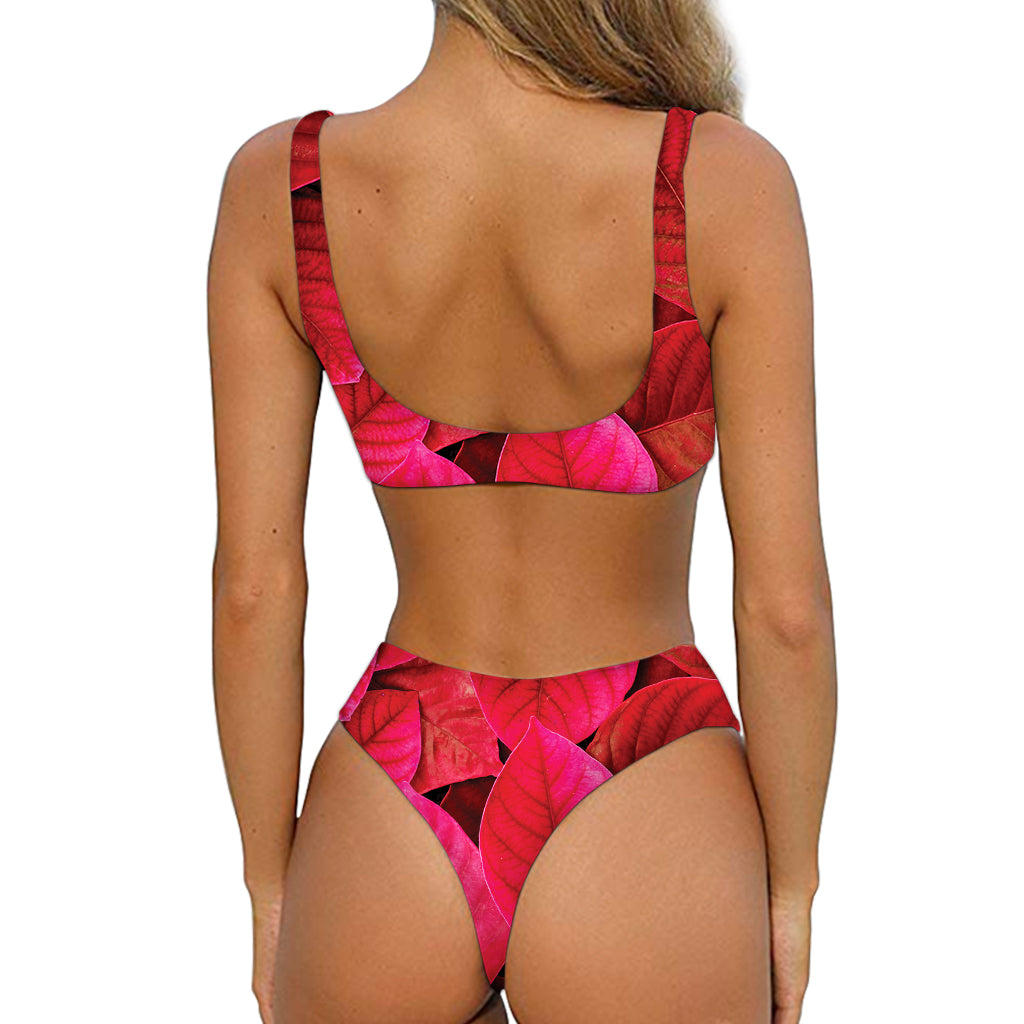 Red Leaf Print Front Bow Tie Bikini