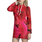 Red Leaf Print Hoodie Dress