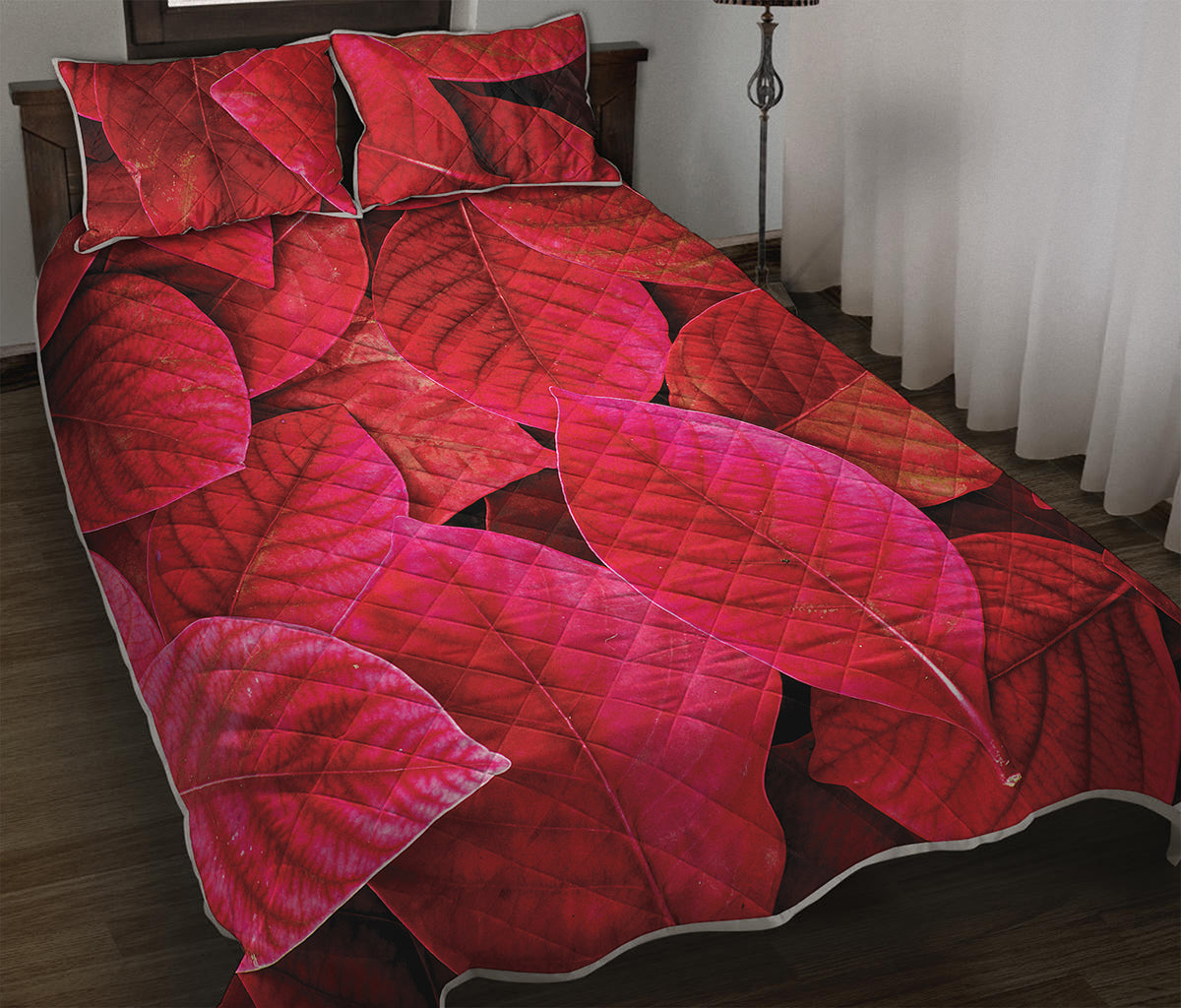 Red Leaf Print Quilt Bed Set