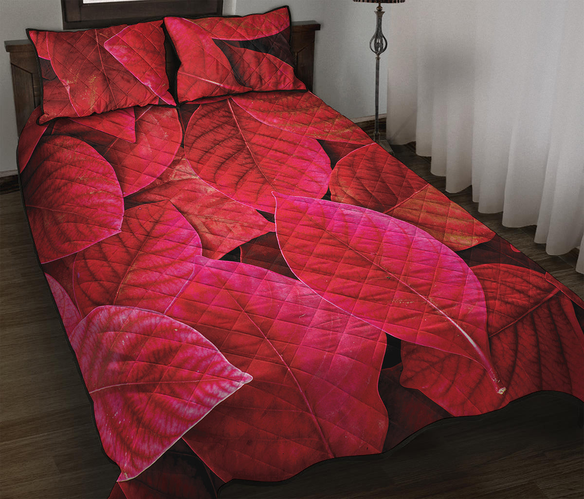 Red Leaf Print Quilt Bed Set