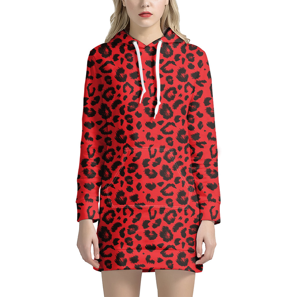 Red Leopard Print Hoodie Dress