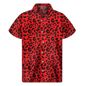 Red Leopard Print Men's Short Sleeve Shirt