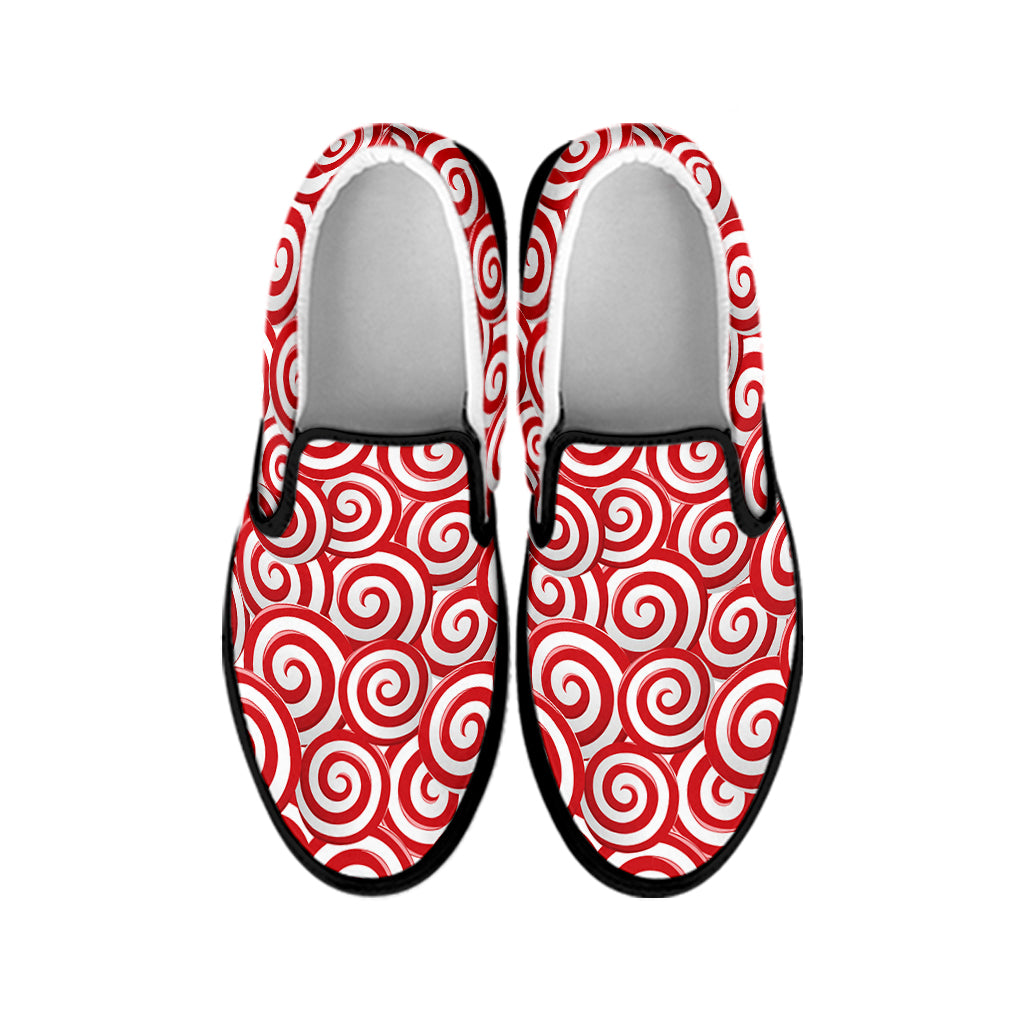 Red Lollipop Candy Pattern Print Black Slip On Shoes