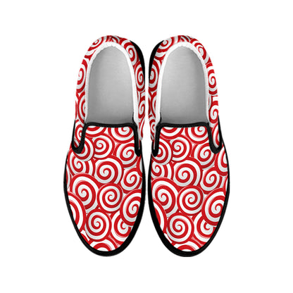 Red Lollipop Candy Pattern Print Black Slip On Shoes