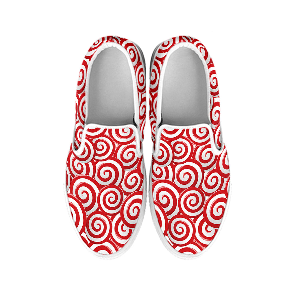 Red Lollipop Candy Pattern Print White Slip On Shoes