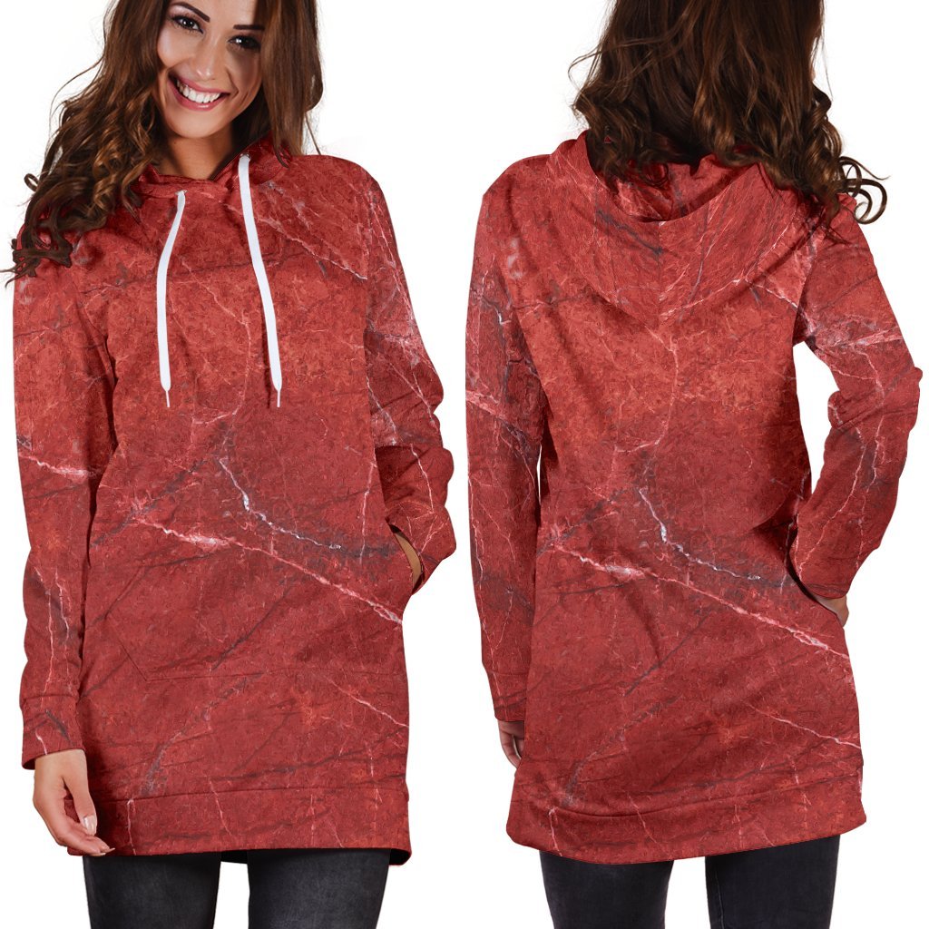 Red Marble Print Hoodie Dress GearFrost