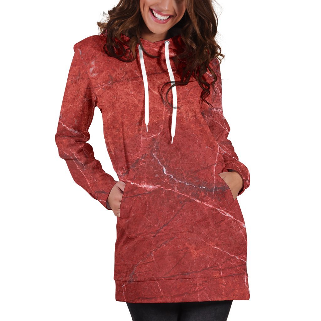 Red Marble Print Hoodie Dress GearFrost