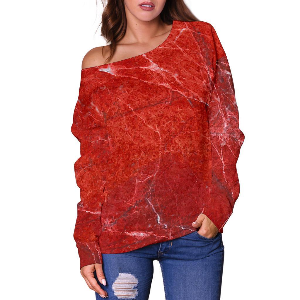 Red Marble Print Off Shoulder Sweatshirt GearFrost