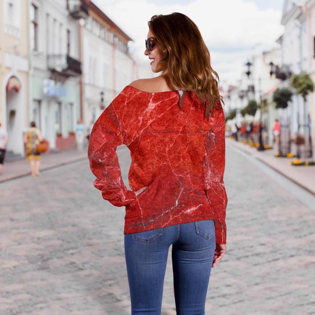 Red Marble Print Off Shoulder Sweatshirt GearFrost