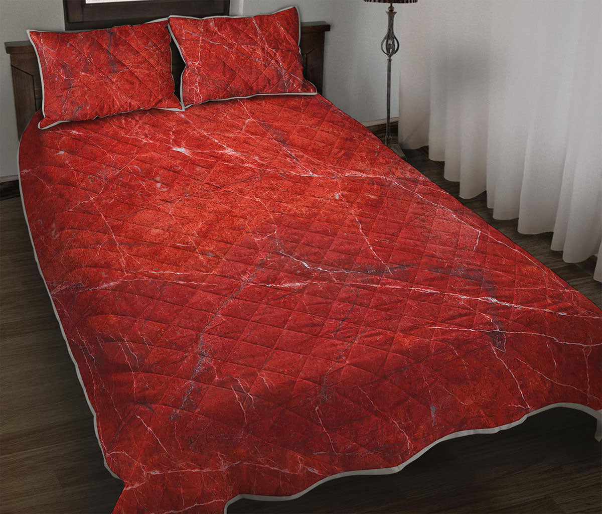 Red Marble Print Quilt Bed Set