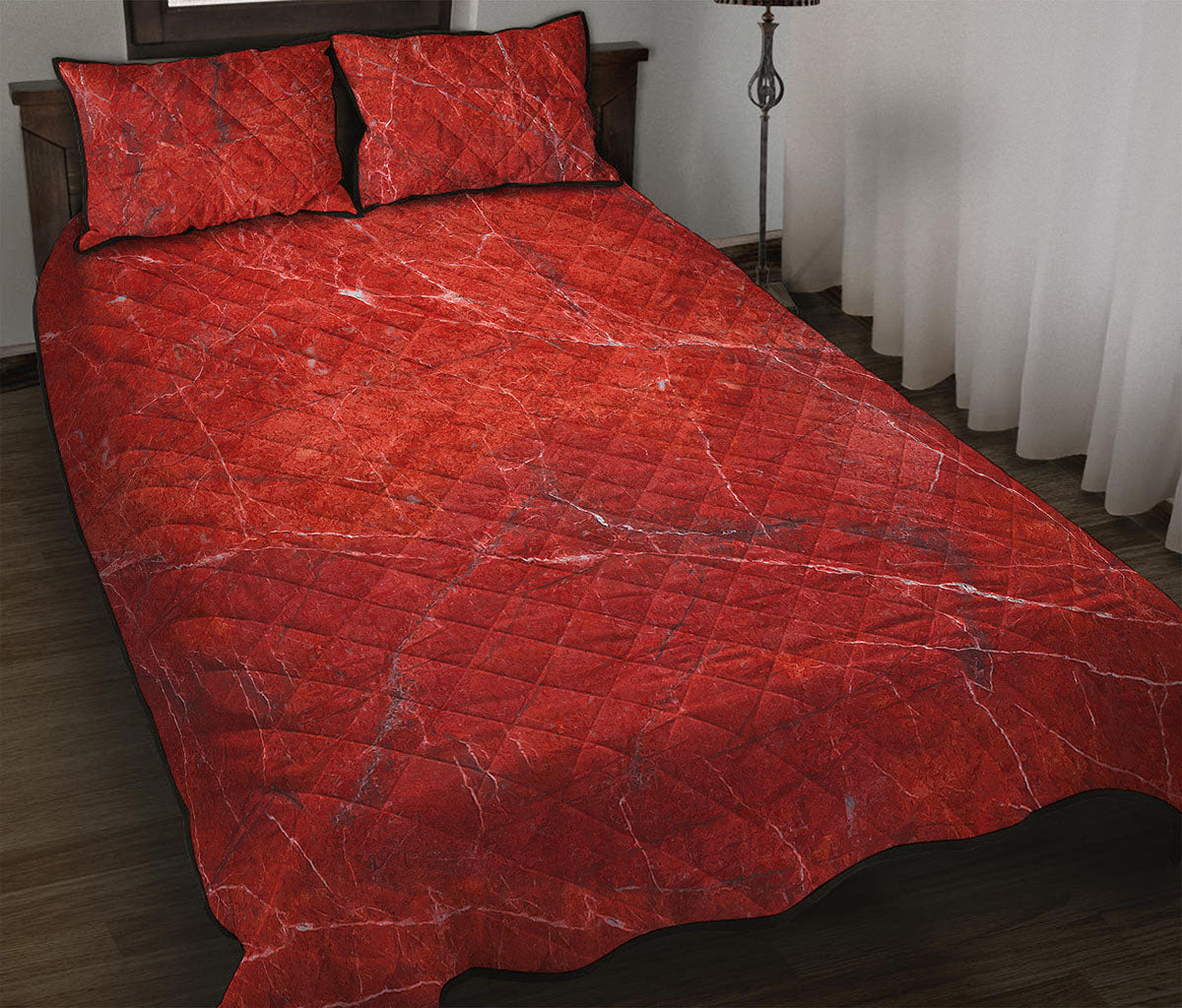 Red Marble Print Quilt Bed Set