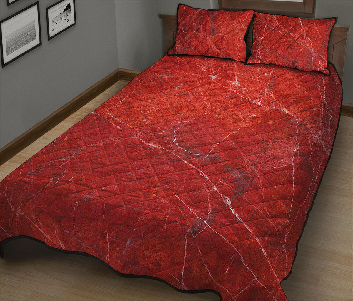 Red Marble Print Quilt Bed Set