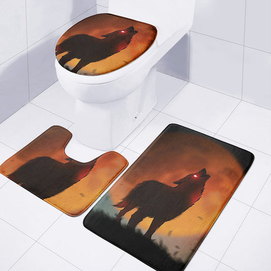 Red Moon Howling Wolf Print 3 Piece Bath Mat Set