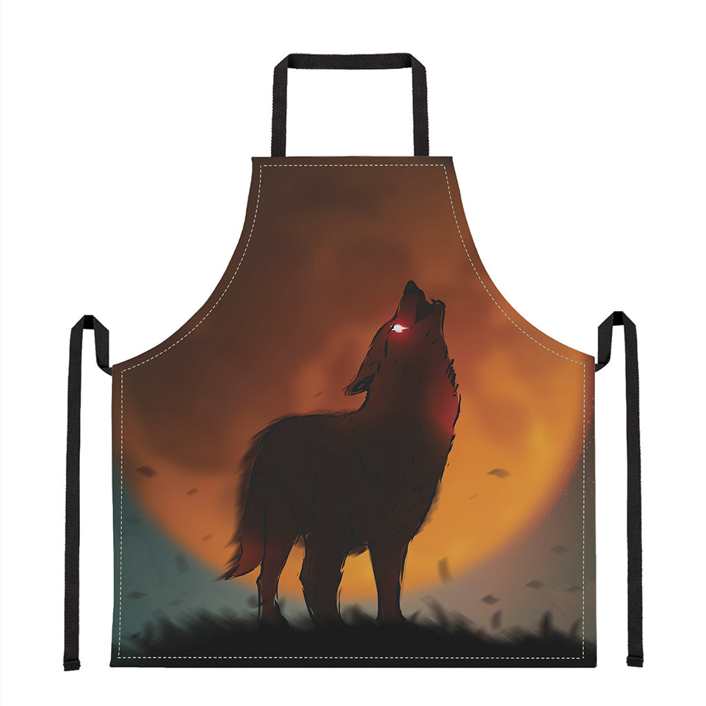 Red Moon Howling Wolf Print Apron