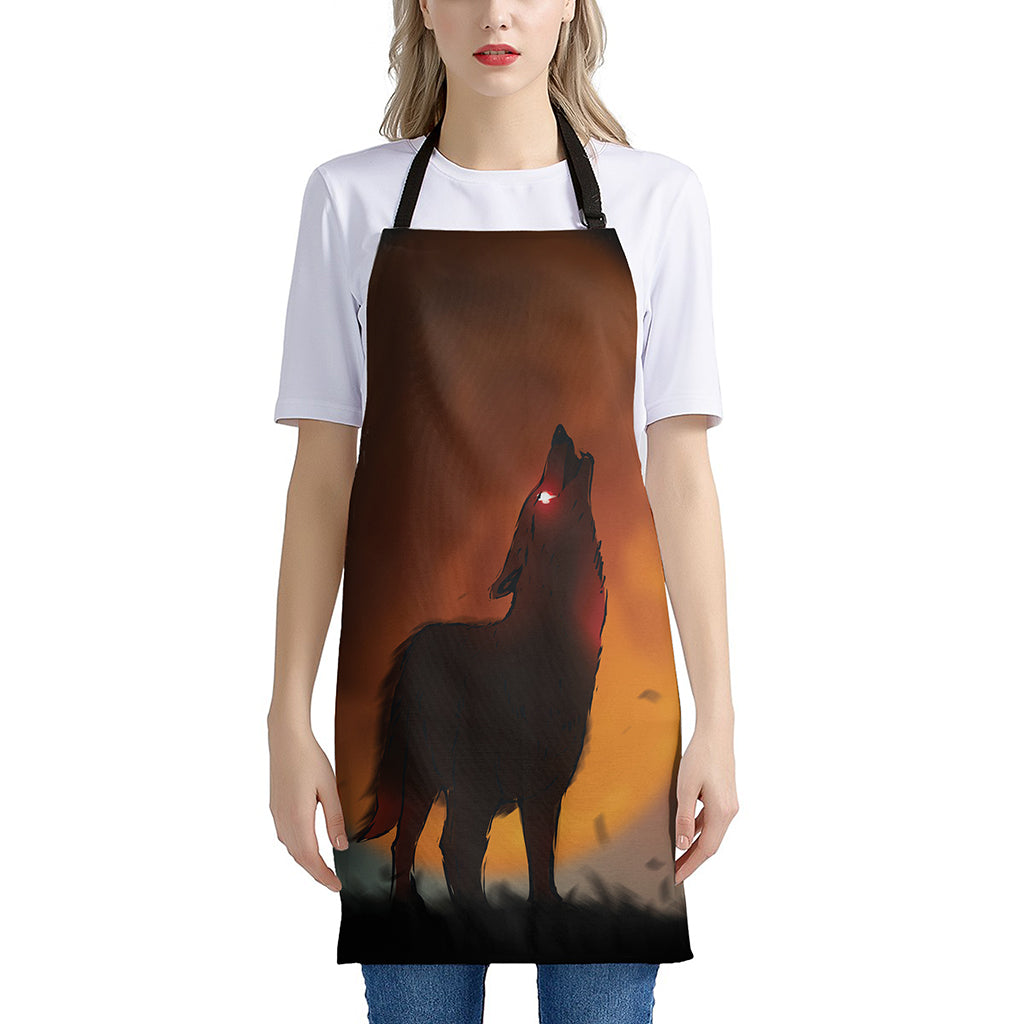 Red Moon Howling Wolf Print Apron