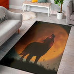 Red Moon Howling Wolf Print Area Rug