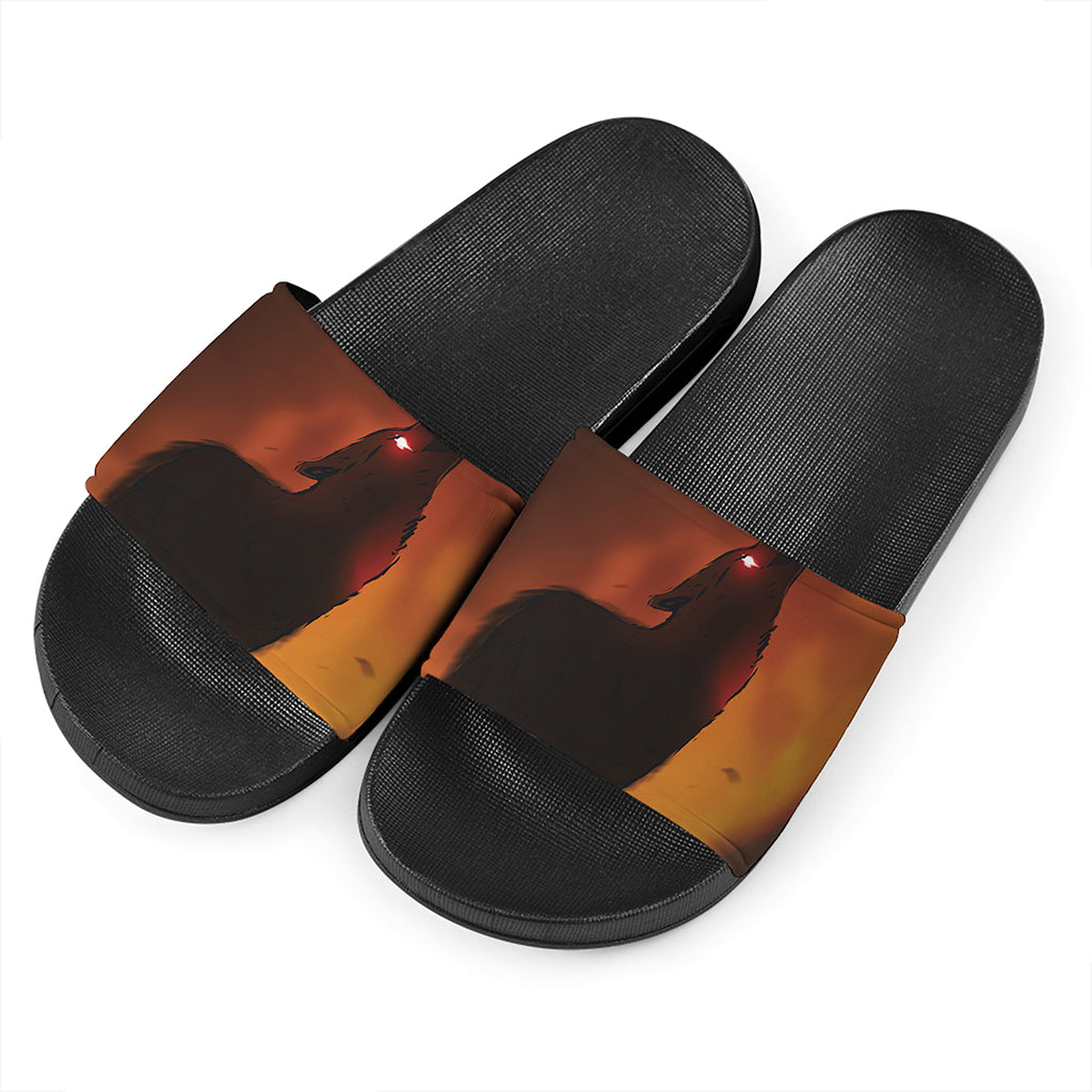 Red Moon Howling Wolf Print Black Slide Sandals